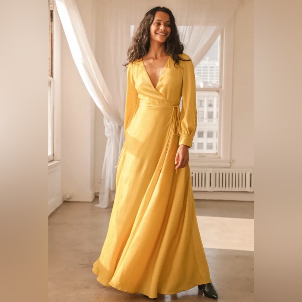Lulus Have Faith Yellow Satin Button Sleeve Maxi Wrap Dress size S
